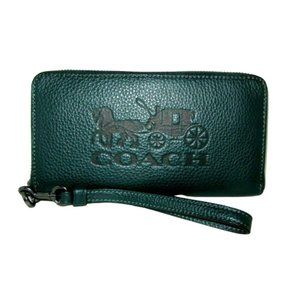 Coach Women's Long Zip Around Wallet (Pebbled Leather, Forest - Horse & Carriage